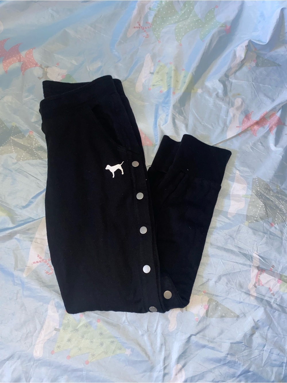 PINK Victoria's Secret Black Snap-Side Jogger Pants with Dog Logo